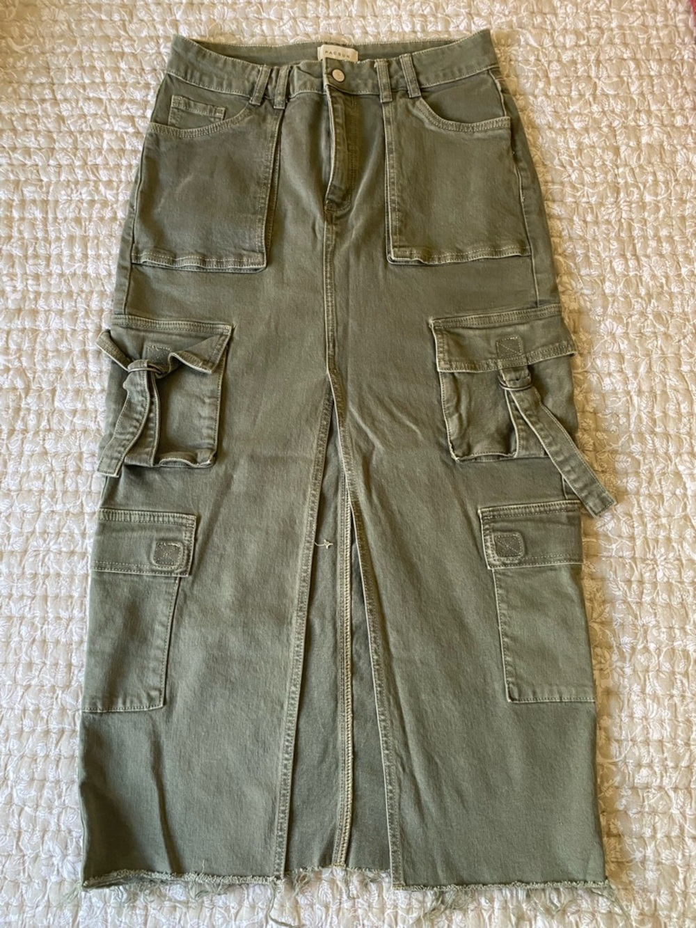 Pacsun Olive Green Cargo Pocket Midi Skirt with Front Slit